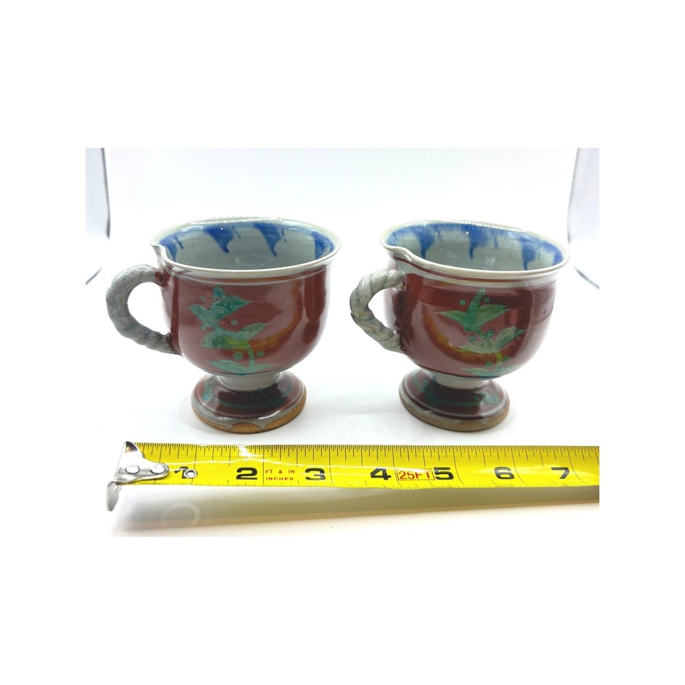 Handmade Ceramic Footed Mugs Set of 2, Green Bamboo & Oxblood Glaze Blue Inside
